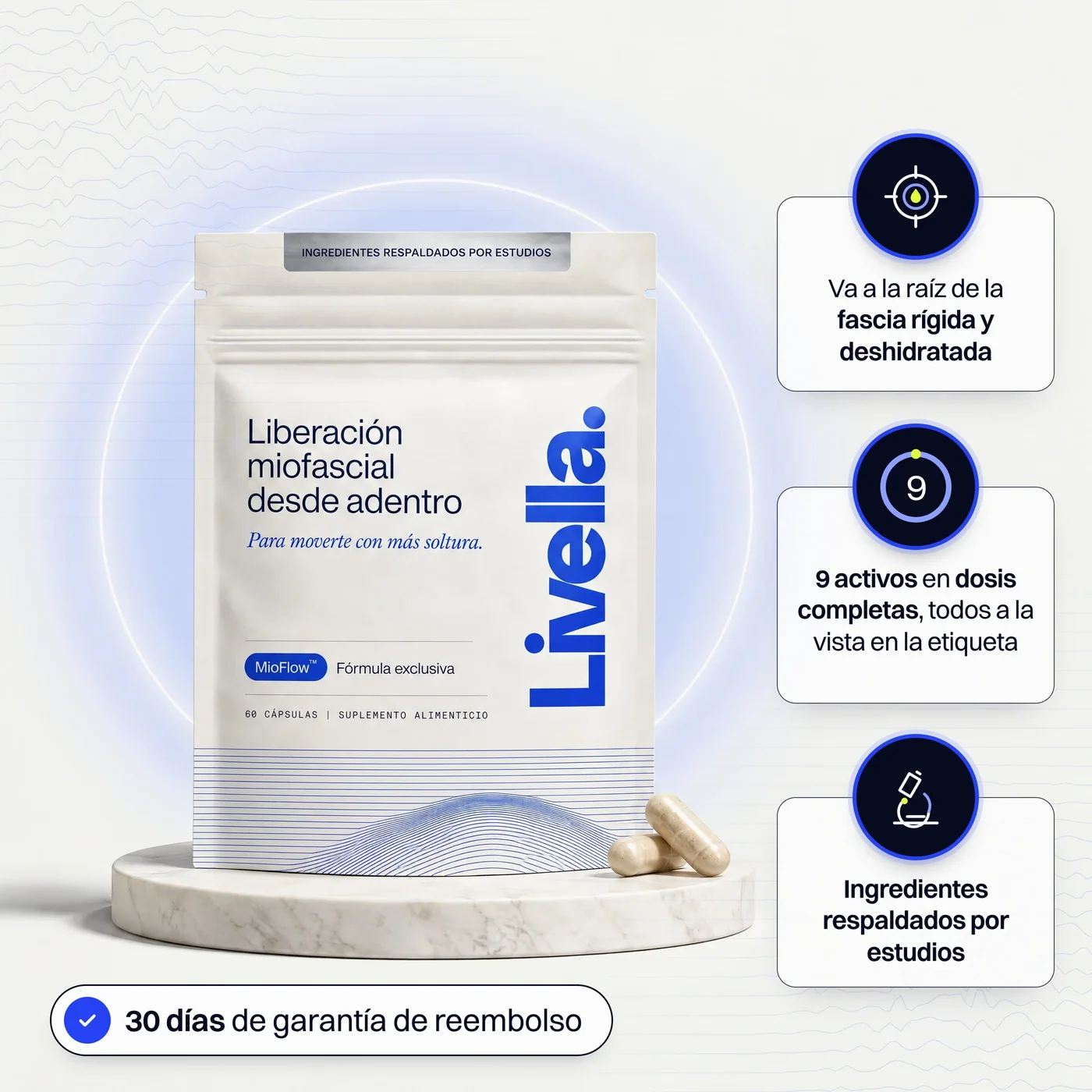 Bolsa de Livella sobre un pedestal de mármol, con tres beneficios y 30 días de garantía