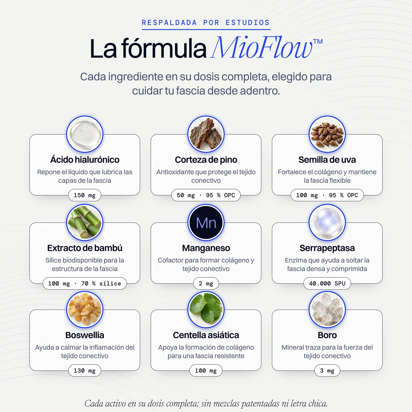 Los 9 ingredientes de la fórmula MioFlow con sus dosis
